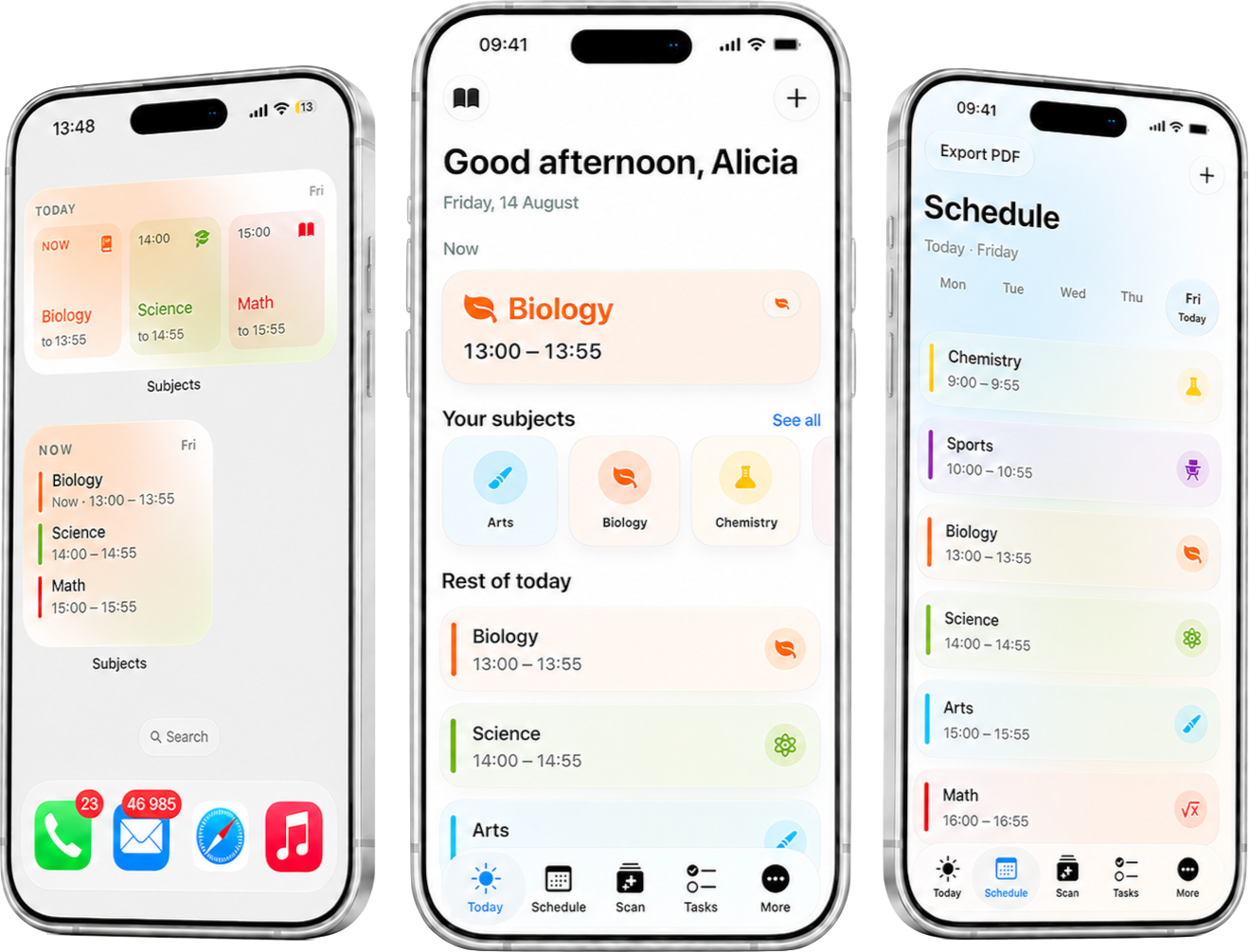 Subjects on iPhone — Today, widgets, and Schedule
